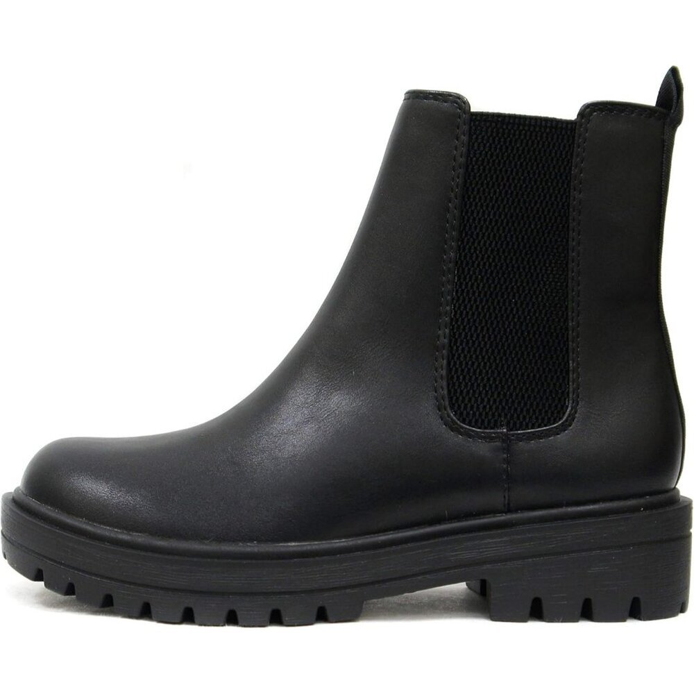 Women Black Lug Sole Low Chunky Heel Chelsea Double Elastic Gore Ankle Booties